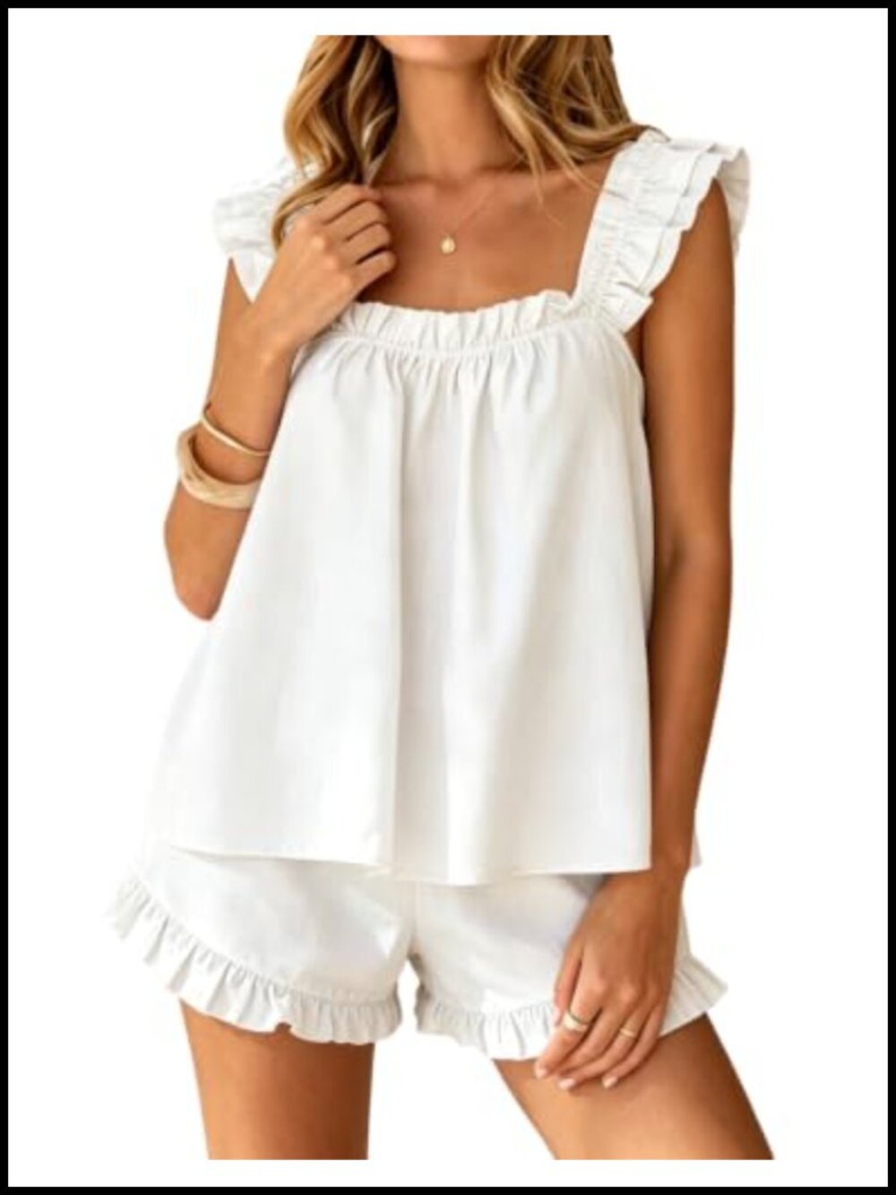 Women's 100% Cotton Ruffle Cami Top and Shorts Pajama Set Sleepwear